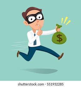 Robber carrying a sack of money with finger on lips asking for silence, vector illustration cartoon