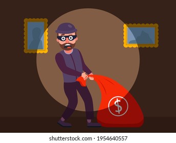 the robber was caught red-handed. the guards detained the burglar of the apartment. robbery of a private house at night. flat vector character illustration.