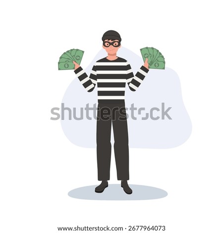robber character with black mask and striped clothes holding cash money fan