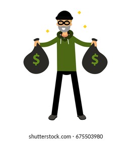 Robber character standing with two money bags vector Illustration