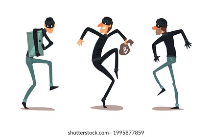 Robber Characters Set, Male Thieves Dressed Black Clothing in Masks Committing Crimes Cartoon Vector Illustration