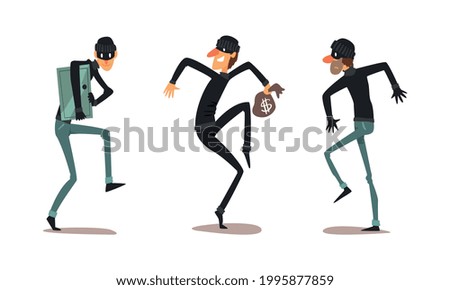 Robber Characters Set, Male Thieves Dressed Black Clothing in Masks Committing Crimes Cartoon Vector Illustration