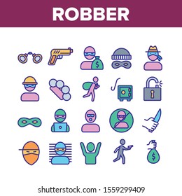 Robber Crime Collection Elements Icons Set Vector Thin Line. Bag Of Money And Mask, Knife And Gun, Brass Knuckles And Scrap Robber Equipment Concept Linear Pictograms. Color Contour Illustrations