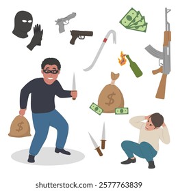 Robber criminal theft robbery set of objects elements of a thief tools, Luko vector flat-style illustration