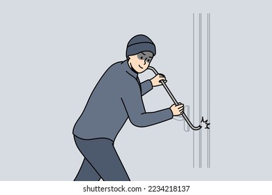 Robber in dark clothing force lock of building door with metal picklock. Thief is trying to enter into house. Bandit, burglar wants to penetrate to bank, shop. Vector linear colored illustration.