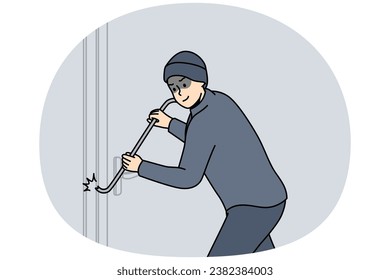 Robber con ropa oscura fuerza la cerradura de la puerta de la construcción con un picklock de metal. El ladrón está tratando de entrar a la casa. Bandido, burglar quiere penetrar en el banco, comprar. Ilustración de color lineal vectorial.