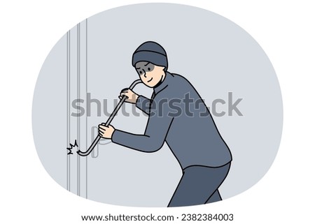 Robber in dark clothing force lock of building door with metal picklock. Thief is trying to enter into house. Bandit, burglar wants to penetrate to bank, shop. Vector linear colored illustration.