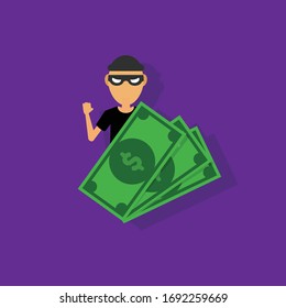 robber and dollar banknotes concept .Conceptual vector illustration in flat style design.Isolated on background.