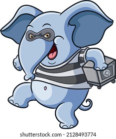 The robber elephant is carrying and stealing safe box quietly of illustration
