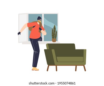 Robber escape with bag of stolen after housebreaking though window. Home breaking and burglary concept. Cartoon theft in mask illegally attack property. Flat vector illustration