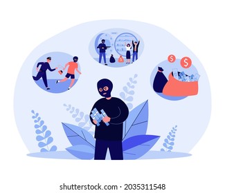 Robber getting money by illegal means. Flat vector illustration. Masked man counting money, robbing people and banks, stealing money, breaking law. Crime, robbery, theft, money concept for design