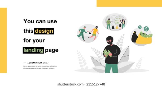 Robber getting money by illegal means. Flat vector illustration. Masked man counting money, robbing people and banks, stealing money, breaking law. Crime, robbery, theft, money concept for design