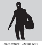 robber with a gun and a bag of money silhouette vector on white background