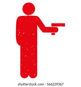 Robber With Gun grainy textured red icon for overlay watermark stamps. Flat symbol with scratched texture. Dotted vector ink rubber seal stamp with grunge design on a white background.