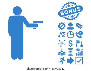 Robber With Gun icon with bonus clip art. Vector illustration style is flat iconic symbols, cobalt color, white background.