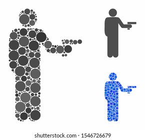 Robber with gun mosaic of round dots in variable sizes and shades, based on robber with gun icon. Vector round elements are united into blue mosaic.