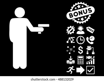 Robber With Gun pictograph with bonus elements. Vector illustration style is flat iconic symbols, white color, black background.