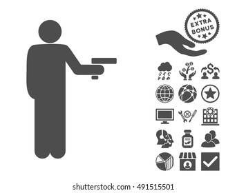 Robber With Gun pictograph with bonus elements. Vector illustration style is flat iconic symbols, gray color, white background.