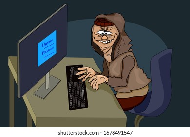 Robber hacker with computer. Hacker man character stealing sensitive data as passwords from a personal computer, trying hack the system. Identity thief, hacking internet social network. Cartoon vector