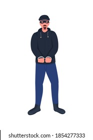 Robber en esposas de color plano vectorial sin rostro. Burglar con máscara y disfraz. Atrapado convicto. Ilustración de dibujos animados aislados y criminales arrestados por diseño gráfico web y animación