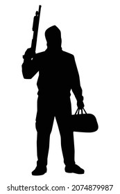 Robber with his gun weapon for rob the bank silhouette vector on white background. Danger man in public.