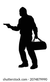 Robber With His Gun Weapon For Rob The Bank Silhouette Vector On White Background. Danger Man In Public.