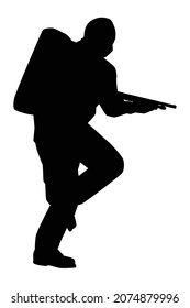 Robber con su arma para robar el vector de silueta de banco sobre fondo blanco. Hombre en peligro en público.