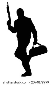Robber mit seiner Waffe, um die Bank Silhouette Vektor auf weißem Hintergrund rob. Gefahr für den Menschen in der Öffentlichkeit.