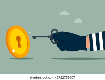 Robador sosteniendo la llave de oro para desbloquear la cerradura de la moneda. Ilustración vectorial moderna en estilo plano