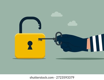 Robador sosteniendo la llave para desbloquear la cerradura. Desbloquea la accesibilidad de la propiedad. Criminal. Ilustración vectorial moderna en estilo plano