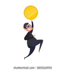 The robber holds a gold coin in his hands. The thief stole the money. Robbery and security concept. Isolated. Vetkor.