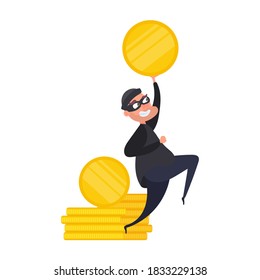 The robber holds a gold coin in his hands. The thief stole the money. Robbery and security concept. Isolated. Vektor.
