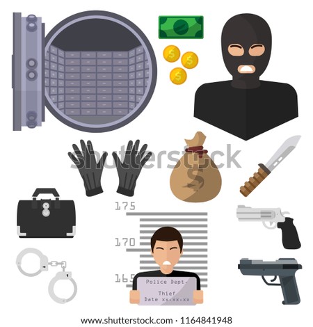 Robber, isolated icons on white background. Safe, money, knife, handcuffs, arrest, gun, pistol, revolver, suitcase