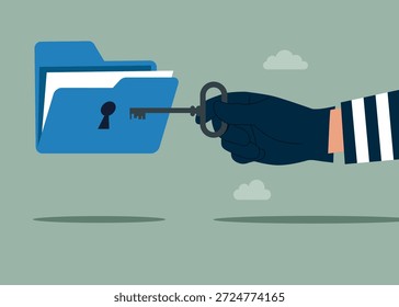 Robo con llave y carpeta. Robo de datos privados con clave de abrir enorme carpeta con información personal. Robar la costosa transferencia de datos. Ilustración vectorial plana. 