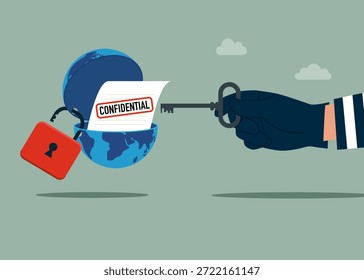Robo con llave de globo abierto para ver documento confidencial. Cerrado con globo de candado. Ilustración vectorial plana moderna 