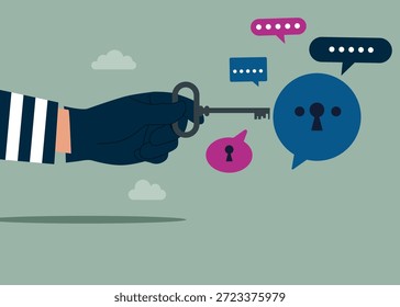 Robo con llaves y burbujas de discurso. Cifrado de diálogo, discusión, conversación, reunión, comunicación en equipo. Ilustración vectorial plana