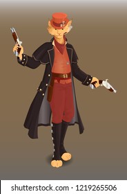 The robber lynx in a raincoat, top hat, and two guns. Steampunk style.