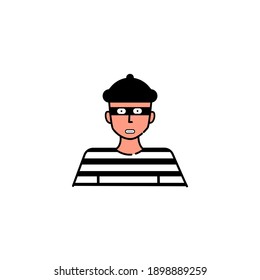 The robber man in black mask and stripped outfit. Robber man icon. Vector illustration in flat cartoon design. 