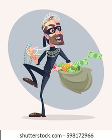 Robber man character stole money and jewelry. Vector flat cartoon illustration