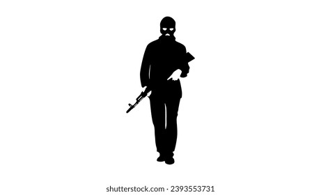 robber in mask and ak, terrorist in mask and rifle, black isolated silhouette