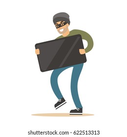 Robber in mask carrying balck modern TV. Colorful cartoon character vector Illustration