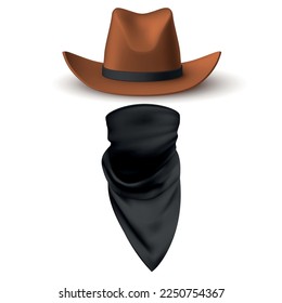 Robber mask cowboy hat with neckerchief bandanna for face covering realistic vector illustration. Criminal bandit faceless avatar outlaw fugitive wanted disguise wear Texas western person portrait