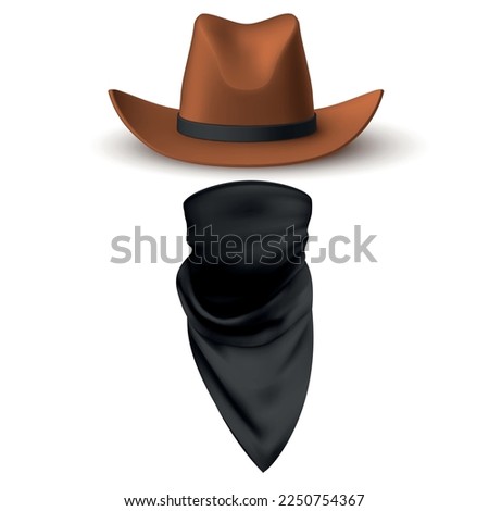 Robber mask cowboy hat with neckerchief bandanna for face covering realistic vector illustration. Criminal bandit faceless avatar outlaw fugitive wanted disguise wear Texas western person portrait