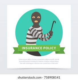 Robber in mask with crowbar, property protection insurance policy banner flat vector element for website or mobile app