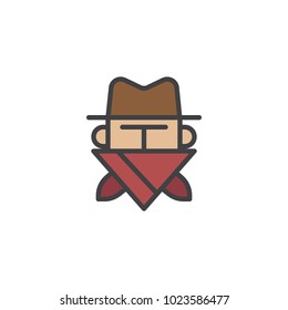 Robber in mask filled outline icon, line vector sign, linear colorful pictogram isolated on white. Cowboy bandit in hat symbol, logo illustration. Pixel perfect vector graphics
