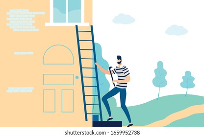 Robber in Mask Holding Crowbar and Getting Ready to Climb Ladder Flat Cartoon Vector Illustration. Burglar in Striped Tshirt Breaking into House to Steal. Thief Man Getting through Window.