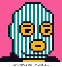 Robber in mask, male character, bandit. Aavatar, portrait, profile picture.  Pixel art. Flat style. Game assets. 8-bit. Isolated vector illustration.  Design for logo, sticker, app.