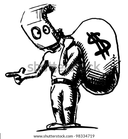 Robber in a mask and with money bag. Hand drawing sketch vector character isolated on white background