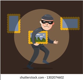 robber in mask steals a painting from a museum. he was noticed. thief vector illustration