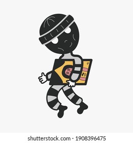 Robber in mask stole the picture from museum or gallery. Colorful flat cartoon robber, vector